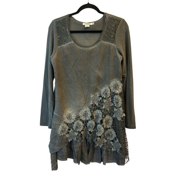 Feratelli embroidered crochet boho top sz S linen blend Lagenlook mixed media - Picture 1 of 6
